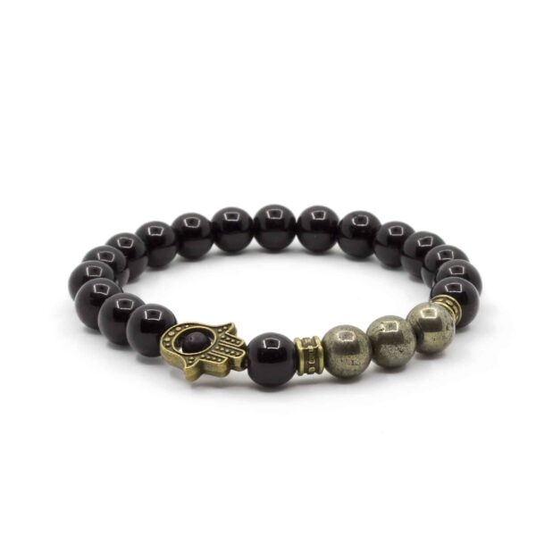 I am protected and abundant - Pyritt og onyx krystall armbånd m/hamsa